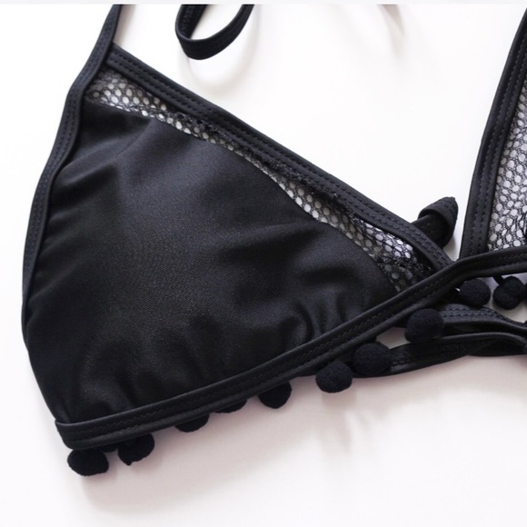 Black Pompom Mesh High Waist Halter Bikini - Picture 3 of 6